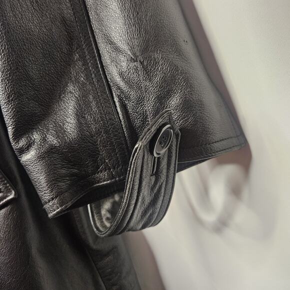 Vtg Baracuta Trench Coat Black Leather Collared Double Breasted Belt Lined Large - Picture 5 of 16